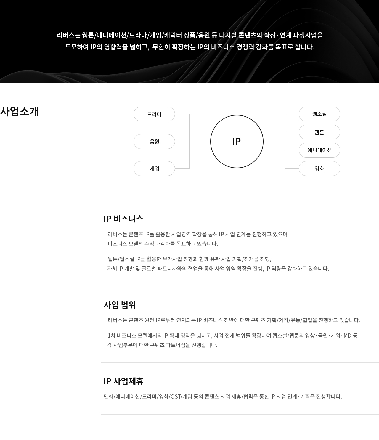 리버스는 웹툰/애니메이션/드라마/게임/캐릭터 상품/음원 등 디지털 콘텐츠의 확장·연계 파생사업을 도모하여 IP의 영향력을 넓히고,  무한히 확장하는 IP의 비즈니스 경쟁력 강화를 목표로 합니다.