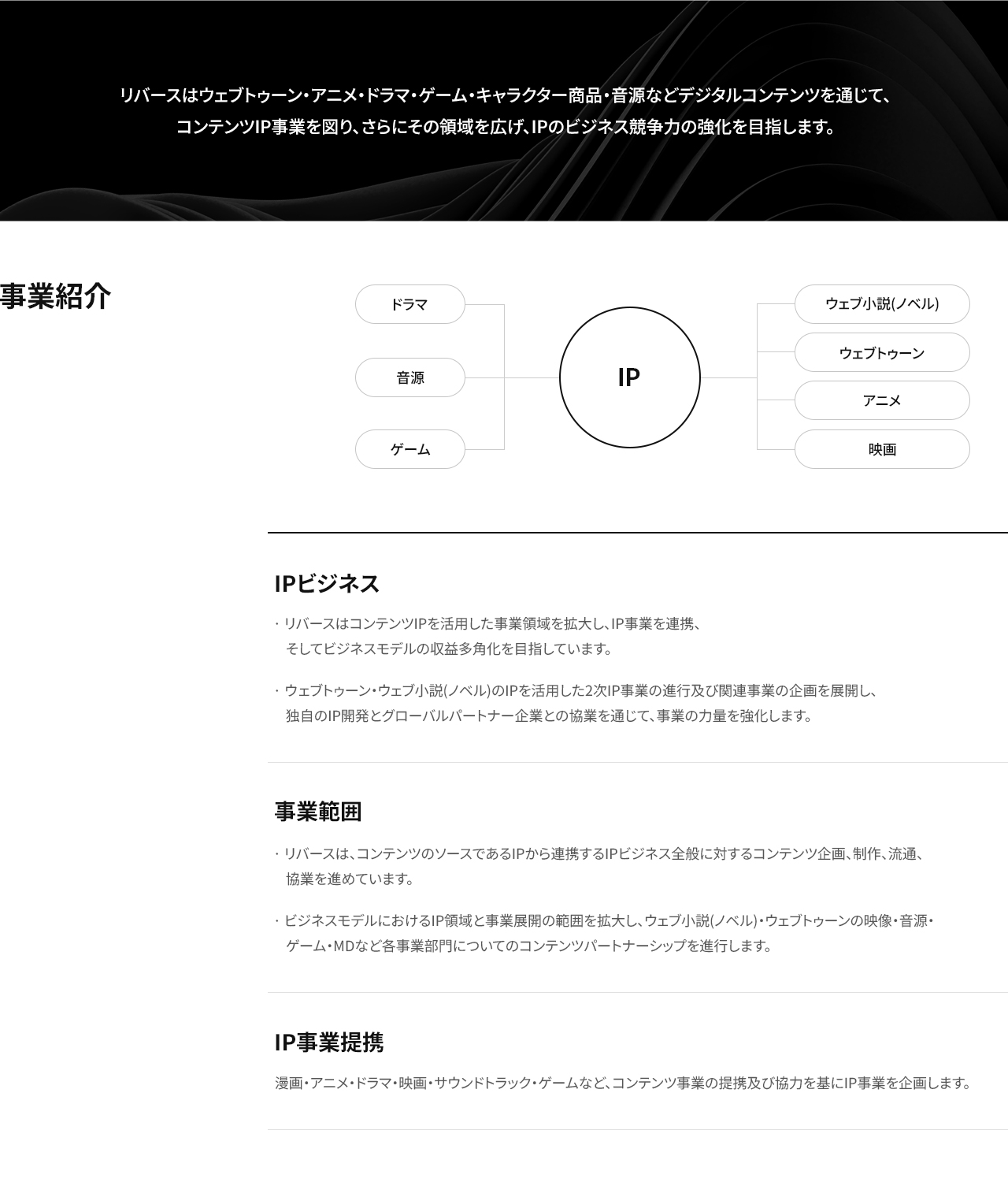리버스는 웹툰/애니메이션/드라마/게임/캐릭터 상품/음원 등 디지털 콘텐츠의 확장·연계 파생사업을 도모하여 IP의 영향력을 넓히고,  무한히 확장하는 IP의 비즈니스 경쟁력 강화를 목표로 합니다.