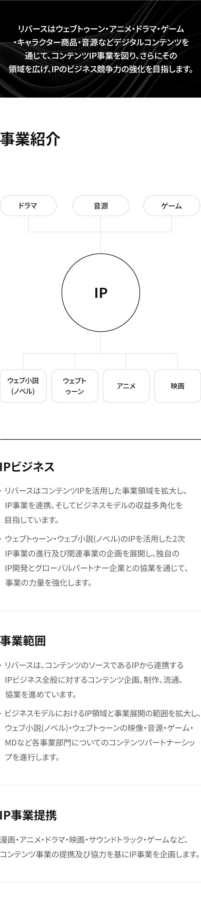 리버스는 웹툰/애니메이션/드라마/게임/캐릭터 상품/음원 등 디지털 콘텐츠의 확장·연계 파생사업을 도모하여 IP의 영향력을 넓히고,  무한히 확장하는 IP의 비즈니스 경쟁력 강화를 목표로 합니다.
